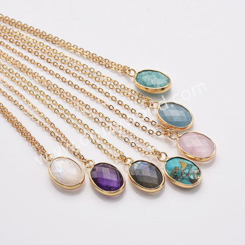 18" Oval Gold Rainbow Natural Stone Faceted Pendant Necklace,  Boho Gemstone Jewelry Necklace ZG0530-10