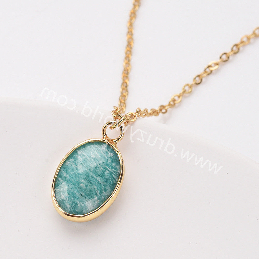 18" Oval Gold Rainbow Natural Stone Faceted Pendant Necklace,  Boho Gemstone Jewelry Necklace ZG0530-10