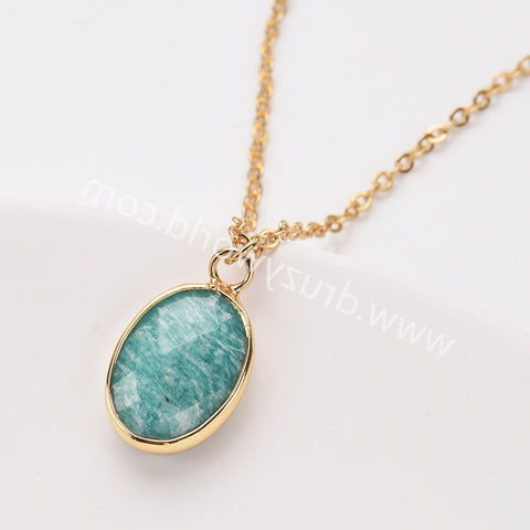 18" Oval Gold Rainbow Natural Stone Faceted Pendant Necklace,  Boho Gemstone Jewelry Necklace ZG0530-10