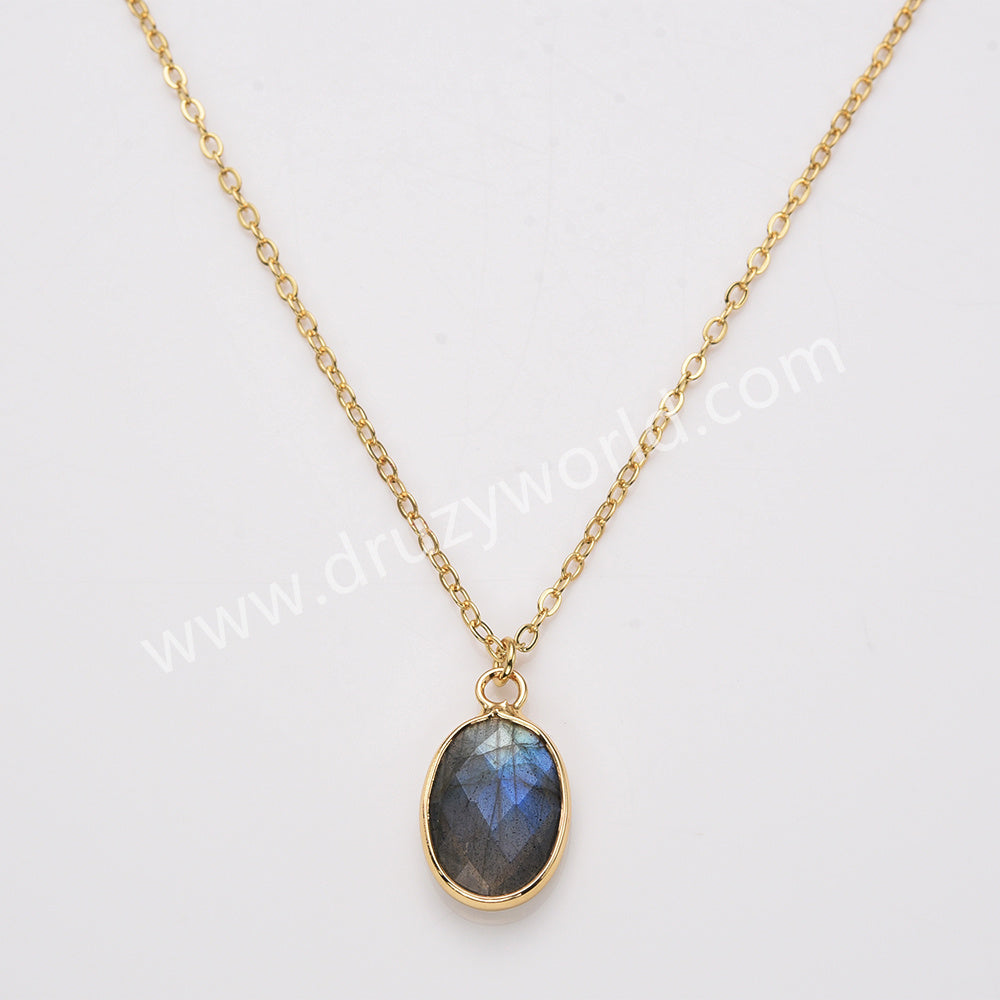 18" Oval Gold Rainbow Natural Stone Faceted Pendant Necklace,  Boho Gemstone Jewelry Necklace ZG0530-10