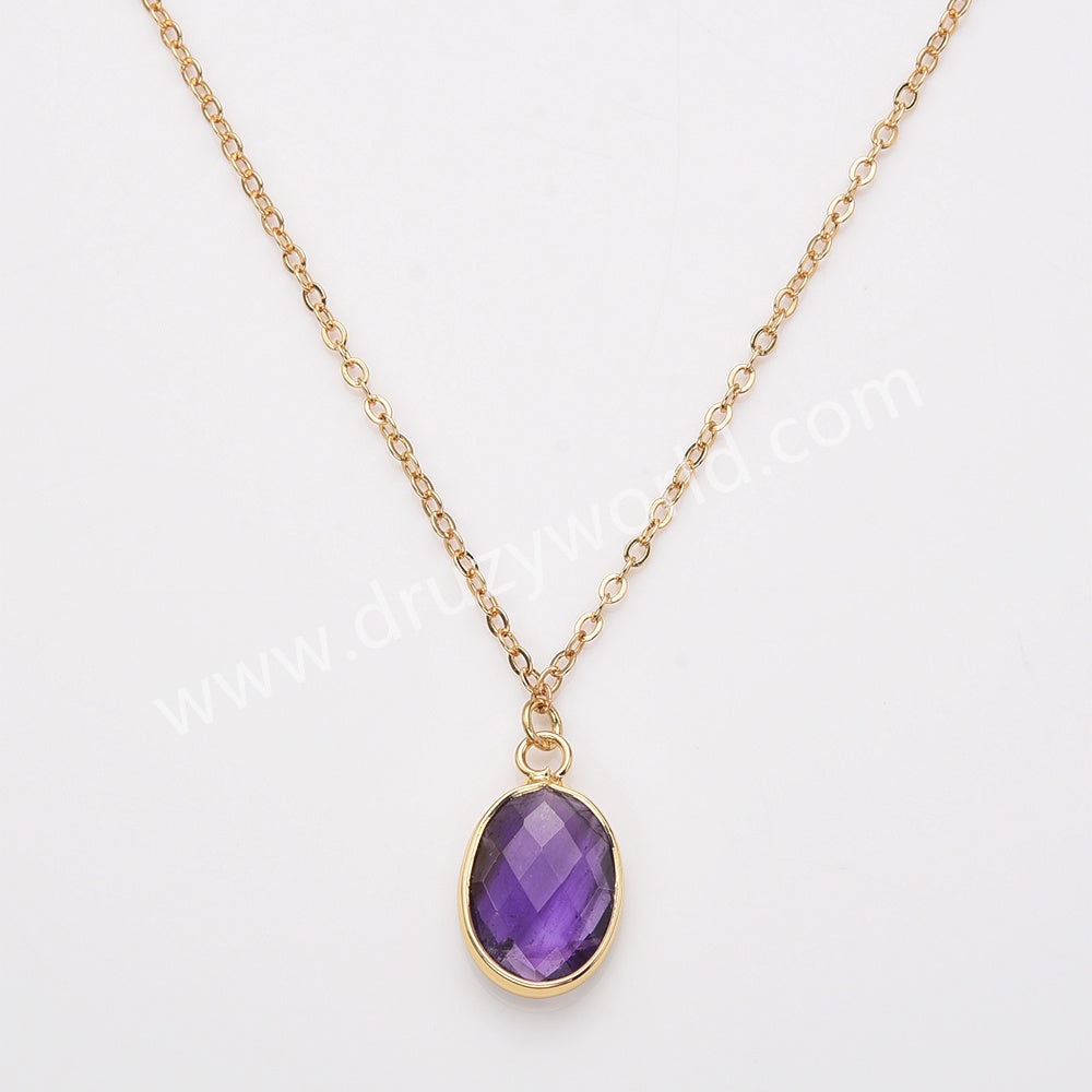 18" Oval Gold Rainbow Natural Stone Faceted Pendant Necklace,  Boho Gemstone Jewelry Necklace ZG0530-10