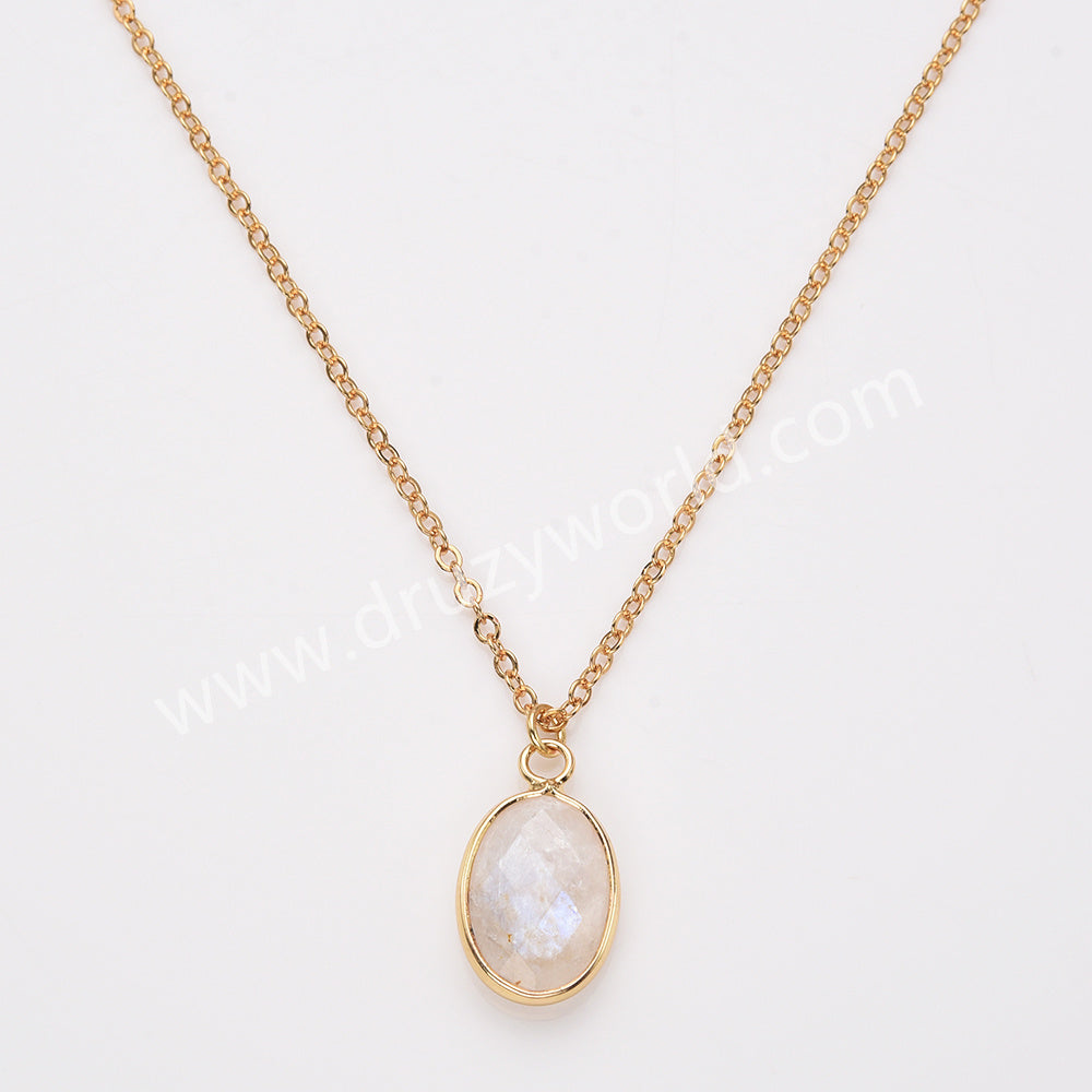 18" Oval Gold Rainbow Natural Stone Faceted Pendant Necklace,  Boho Gemstone Jewelry Necklace ZG0530-10