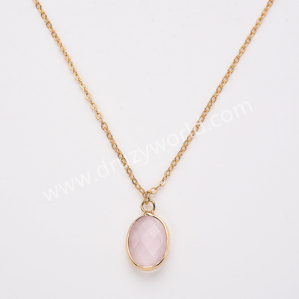 18" Oval Gold Rainbow Natural Stone Faceted Pendant Necklace,  Boho Gemstone Jewelry Necklace ZG0530-10