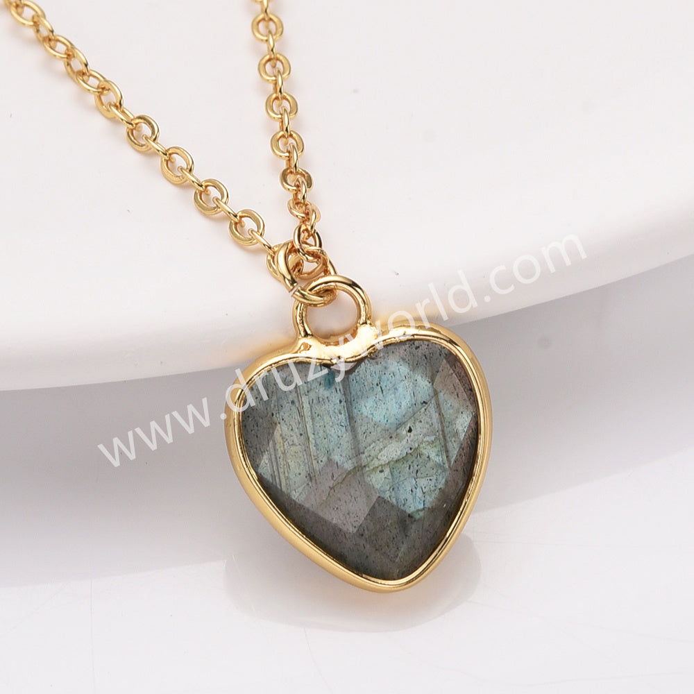 18" Gold Rainbow Heart Gemstone Faceted Necklace, Healing Crystal Stone Jewelry Necklace ZG0530-2