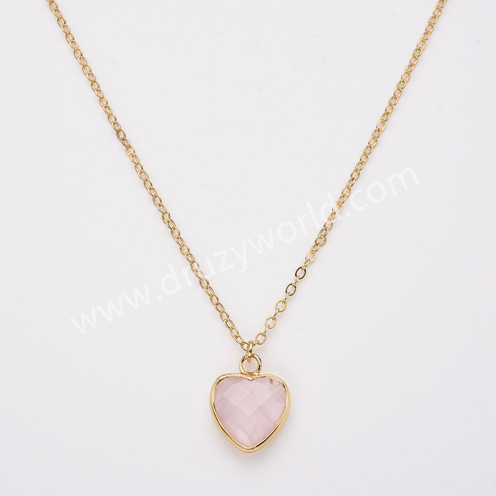 18" Gold Rainbow Heart Gemstone Faceted Necklace, Healing Crystal Stone Jewelry Necklace ZG0530-2