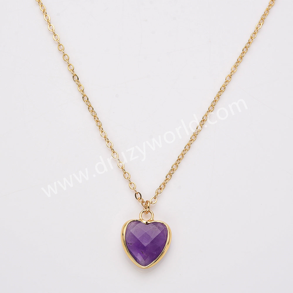 18" Gold Rainbow Heart Gemstone Faceted Necklace, Healing Crystal Stone Jewelry Necklace ZG0530-2