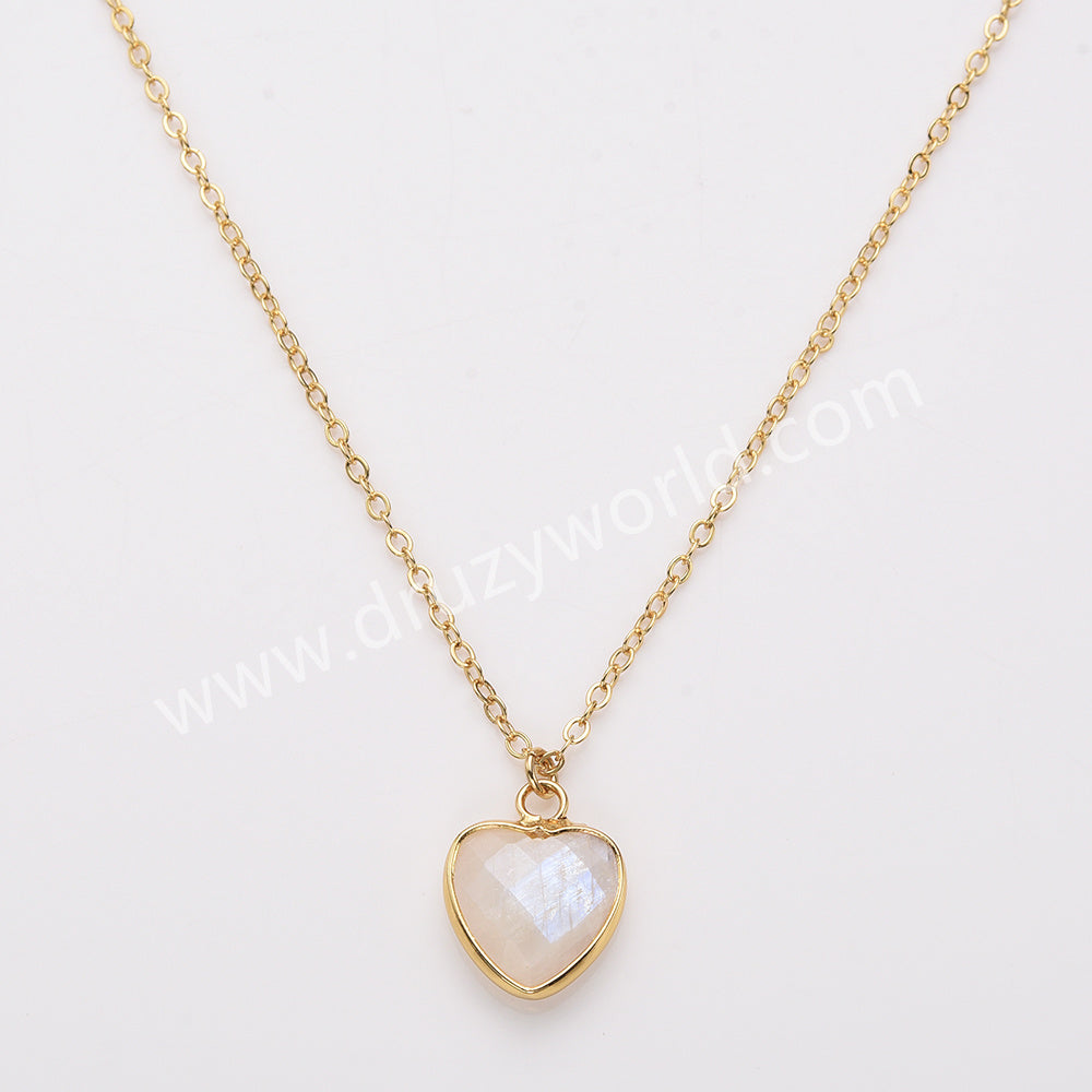 18" Gold Rainbow Heart Gemstone Faceted Necklace, Healing Crystal Stone Jewelry Necklace ZG0530-2