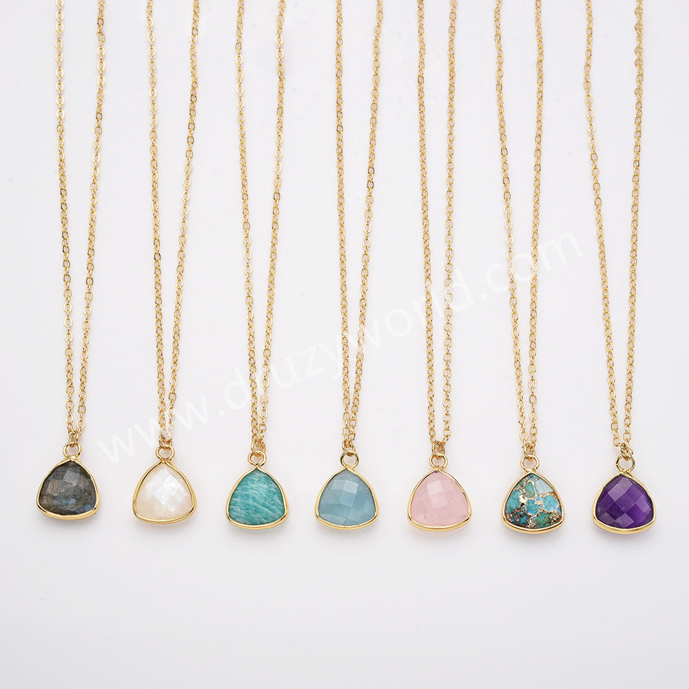 18" Colorful Triangle Natural Gemstone Faceted Gold Chain Necklace, Healing Crystal Stone Jewelry Necklace ZG0530-3