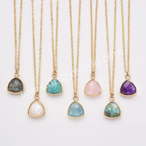 18" Colorful Triangle Natural Gemstone Faceted Gold Chain Necklace, Healing Crystal Stone Jewelry Necklace ZG0530-3