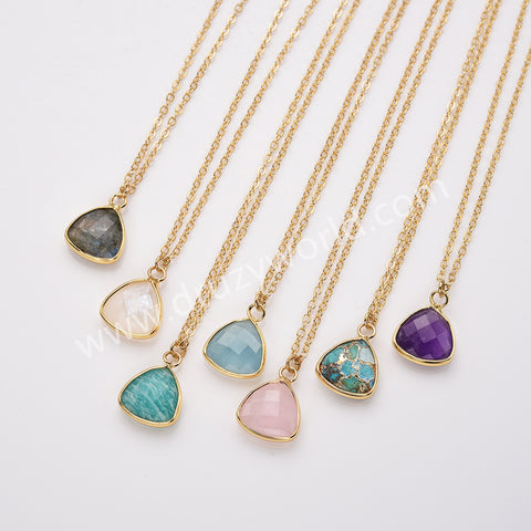 18" Colorful Triangle Natural Gemstone Faceted Gold Chain Necklace, Healing Crystal Stone Jewelry Necklace ZG0530-3