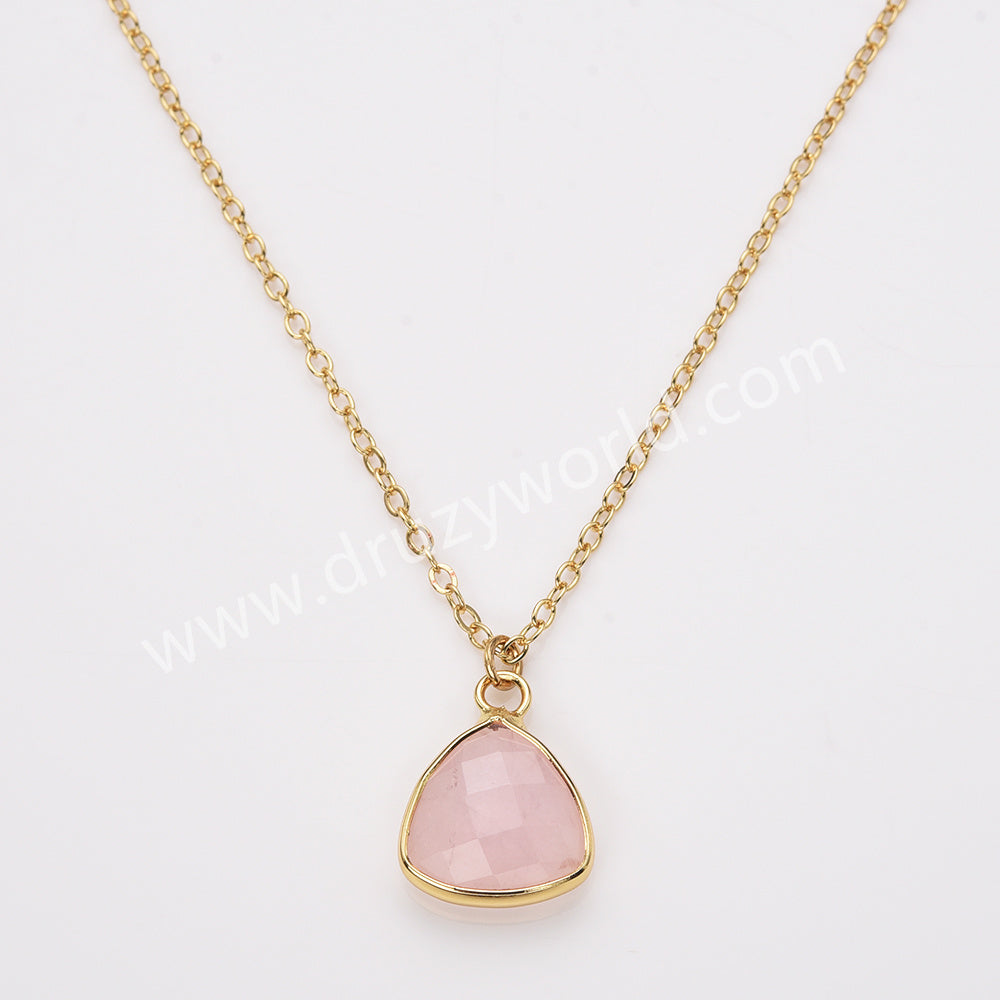 18" Colorful Triangle Natural Gemstone Faceted Gold Chain Necklace, Healing Crystal Stone Jewelry Necklace ZG0530-3