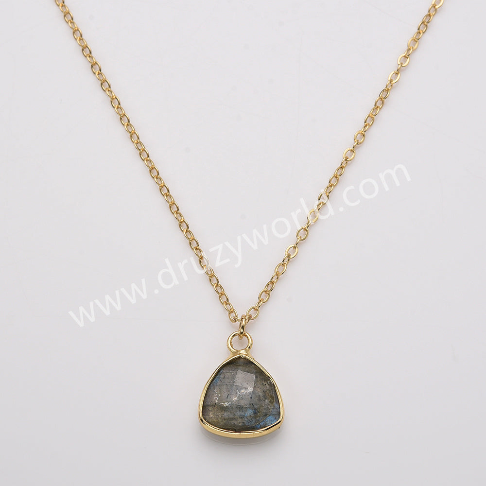 18" Colorful Triangle Natural Gemstone Faceted Gold Chain Necklace, Healing Crystal Stone Jewelry Necklace ZG0530-3