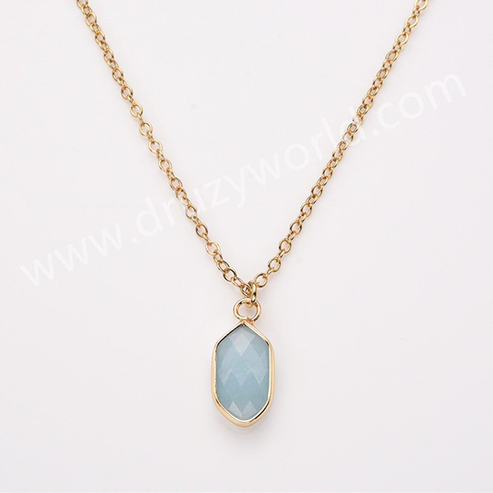 18" Long Hexagon Faceted Birthstone Gold  Pendant Necklace, Copper Turquoise Moonstone Gemstone Jewelry Necklace ZG0530-5