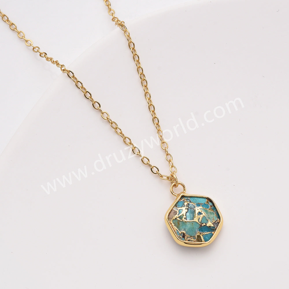 18" Gold Plated Hexagon Birthstone Faceted Necklace, Moonstone Aquamarine Gemstone Jewelry Necklace ZG0530-6