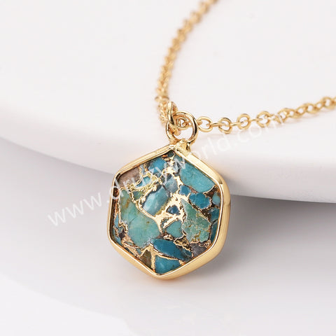 18" Gold Plated Hexagon Birthstone Faceted Necklace, Moonstone Aquamarine Gemstone Jewelry Necklace ZG0530-6