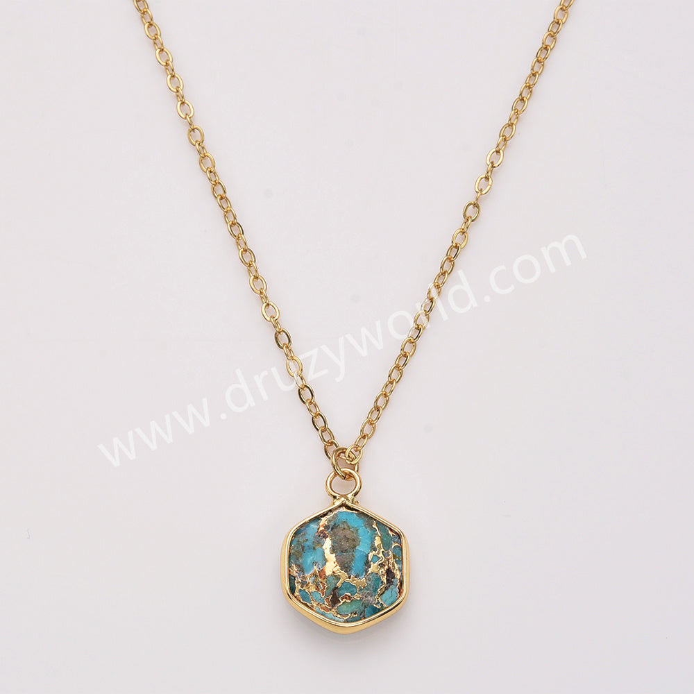 18" Gold Plated Hexagon Birthstone Faceted Necklace, Moonstone Aquamarine Gemstone Jewelry Necklace ZG0530-6