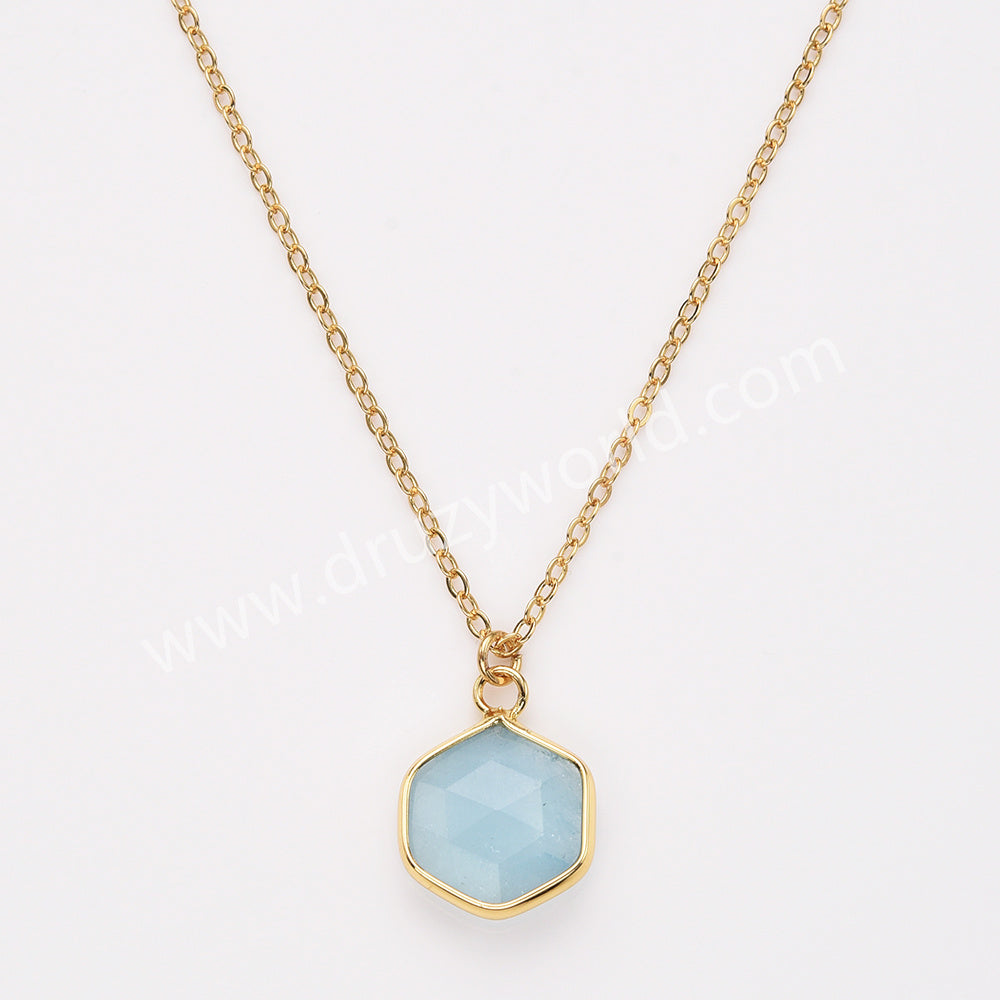 18" Gold Plated Hexagon Birthstone Faceted Necklace, Moonstone Aquamarine Gemstone Jewelry Necklace ZG0530-6