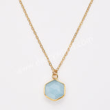 18" Gold Plated Hexagon Birthstone Faceted Necklace, Moonstone Aquamarine Gemstone Jewelry Necklace ZG0530-6