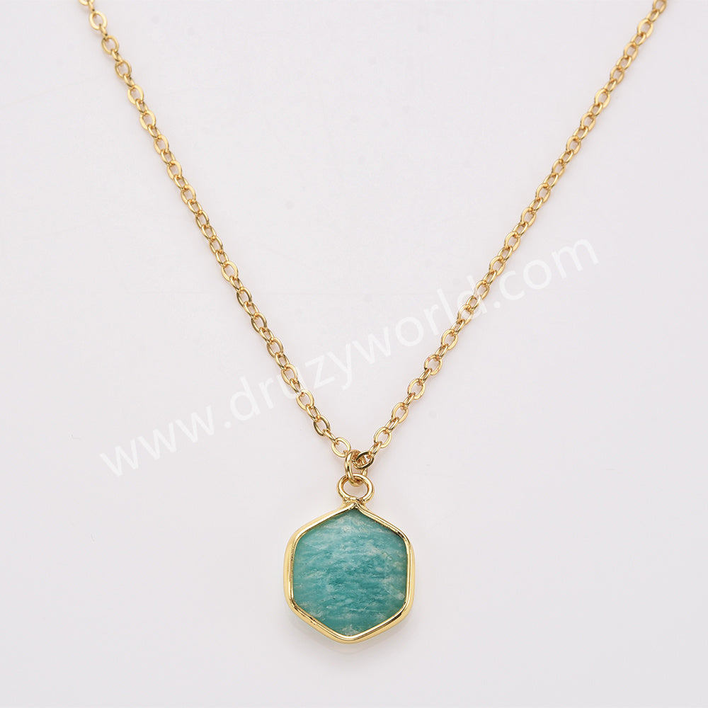 18" Gold Plated Hexagon Birthstone Faceted Necklace, Moonstone Aquamarine Gemstone Jewelry Necklace ZG0530-6