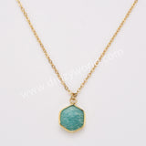 18" Gold Plated Hexagon Birthstone Faceted Necklace, Moonstone Aquamarine Gemstone Jewelry Necklace ZG0530-6