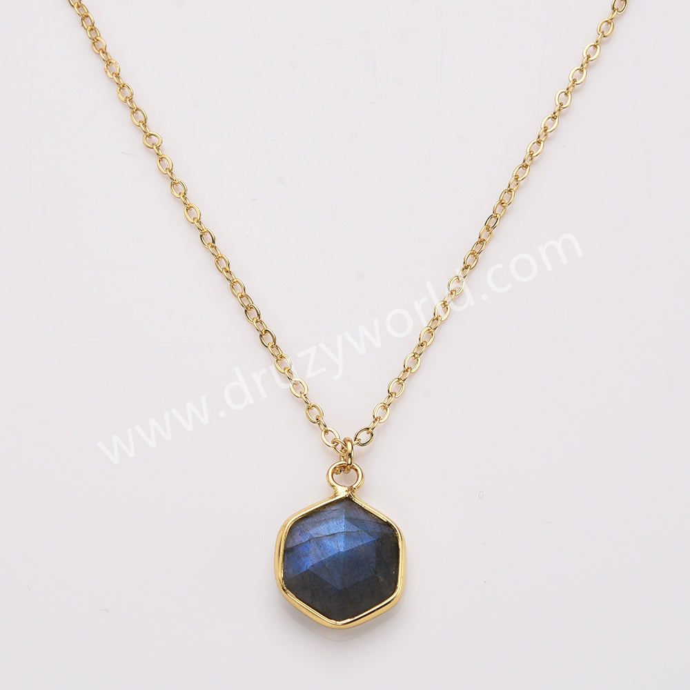 18" Gold Plated Hexagon Birthstone Faceted Necklace, Moonstone Aquamarine Gemstone Jewelry Necklace ZG0530-6