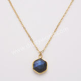 18" Gold Plated Hexagon Birthstone Faceted Necklace, Moonstone Aquamarine Gemstone Jewelry Necklace ZG0530-6