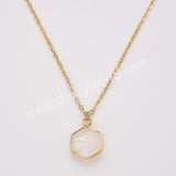 18" Gold Plated Hexagon Birthstone Faceted Necklace, Moonstone Aquamarine Gemstone Jewelry Necklace ZG0530-6