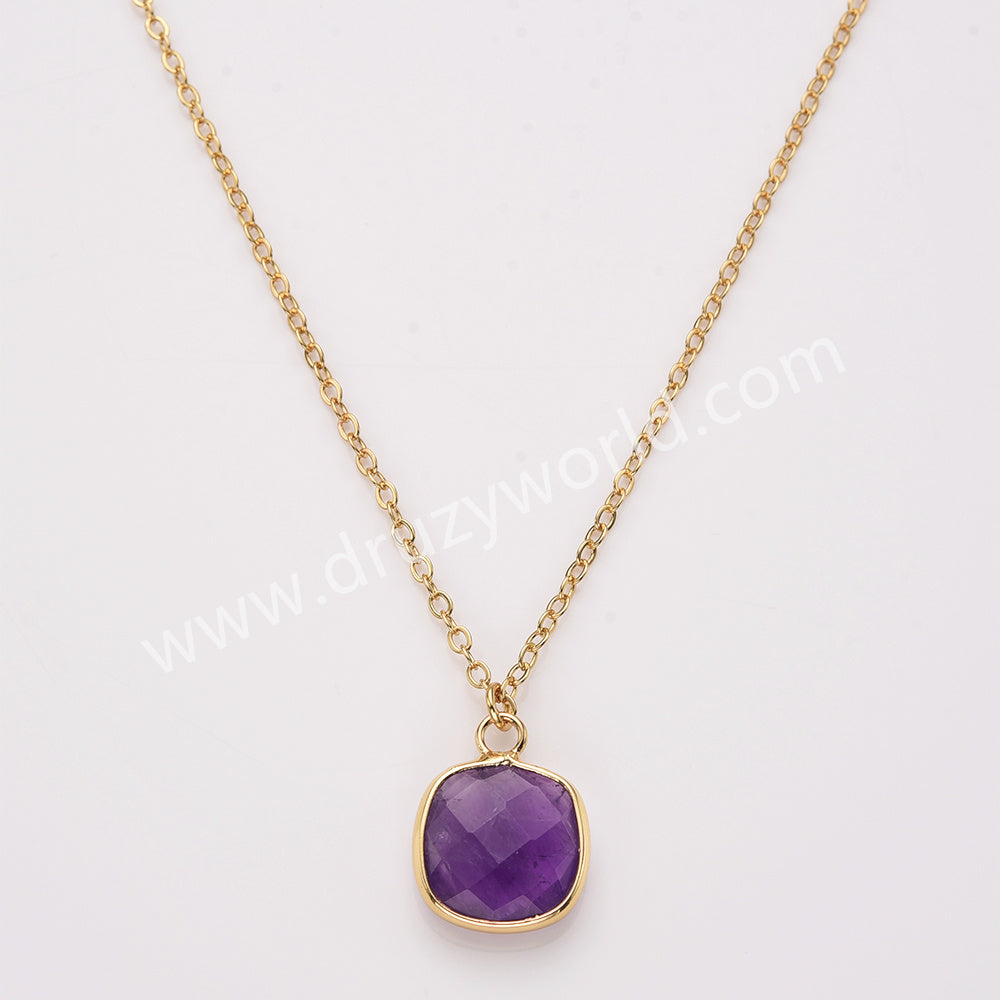 18" Gold Rainbow Square Birthstone Faceted Pendant Necklace, Amethyst Moonstone Crystal Jewelry Necklace ZG0530-7