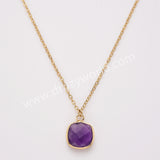 18" Gold Rainbow Square Birthstone Faceted Pendant Necklace, Amethyst Moonstone Crystal Jewelry Necklace ZG0530-7