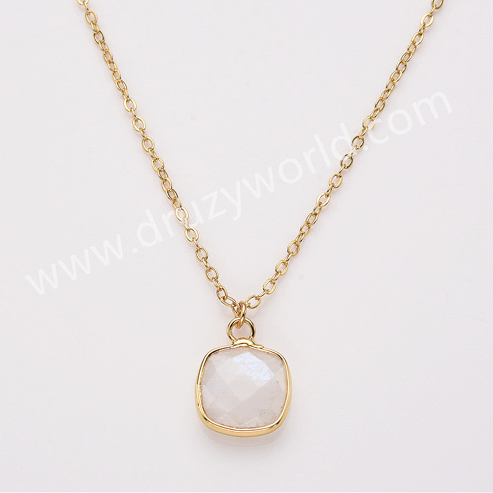 18" Gold Rainbow Square Birthstone Faceted Pendant Necklace, Amethyst Moonstone Crystal Jewelry Necklace ZG0530-7