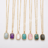 18" Colorful Rectangle Gemstone Faceted Pendant Necklace, Gold Plated Rose Quartz Aquamarine Jewelry Necklace ZG0530-8