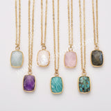 18" Colorful Rectangle Gemstone Faceted Pendant Necklace, Gold Plated Rose Quartz Aquamarine Jewelry Necklace ZG0530-8