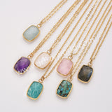 18" Colorful Rectangle Gemstone Faceted Pendant Necklace, Gold Plated Rose Quartz Aquamarine Jewelry Necklace ZG0530-8