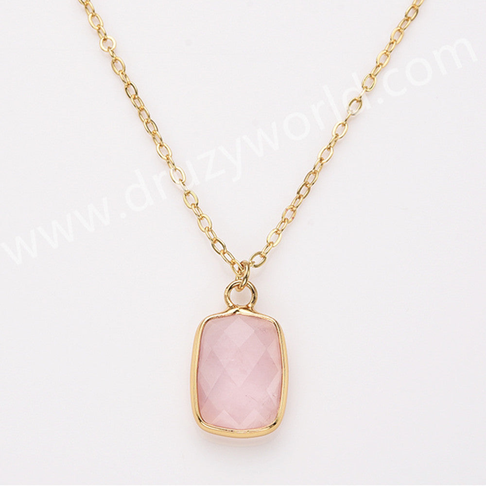 18" Colorful Rectangle Gemstone Faceted Pendant Necklace, Gold Plated Rose Quartz Aquamarine Jewelry Necklace ZG0530-8