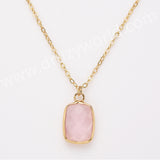 18" Colorful Rectangle Gemstone Faceted Pendant Necklace, Gold Plated Rose Quartz Aquamarine Jewelry Necklace ZG0530-8