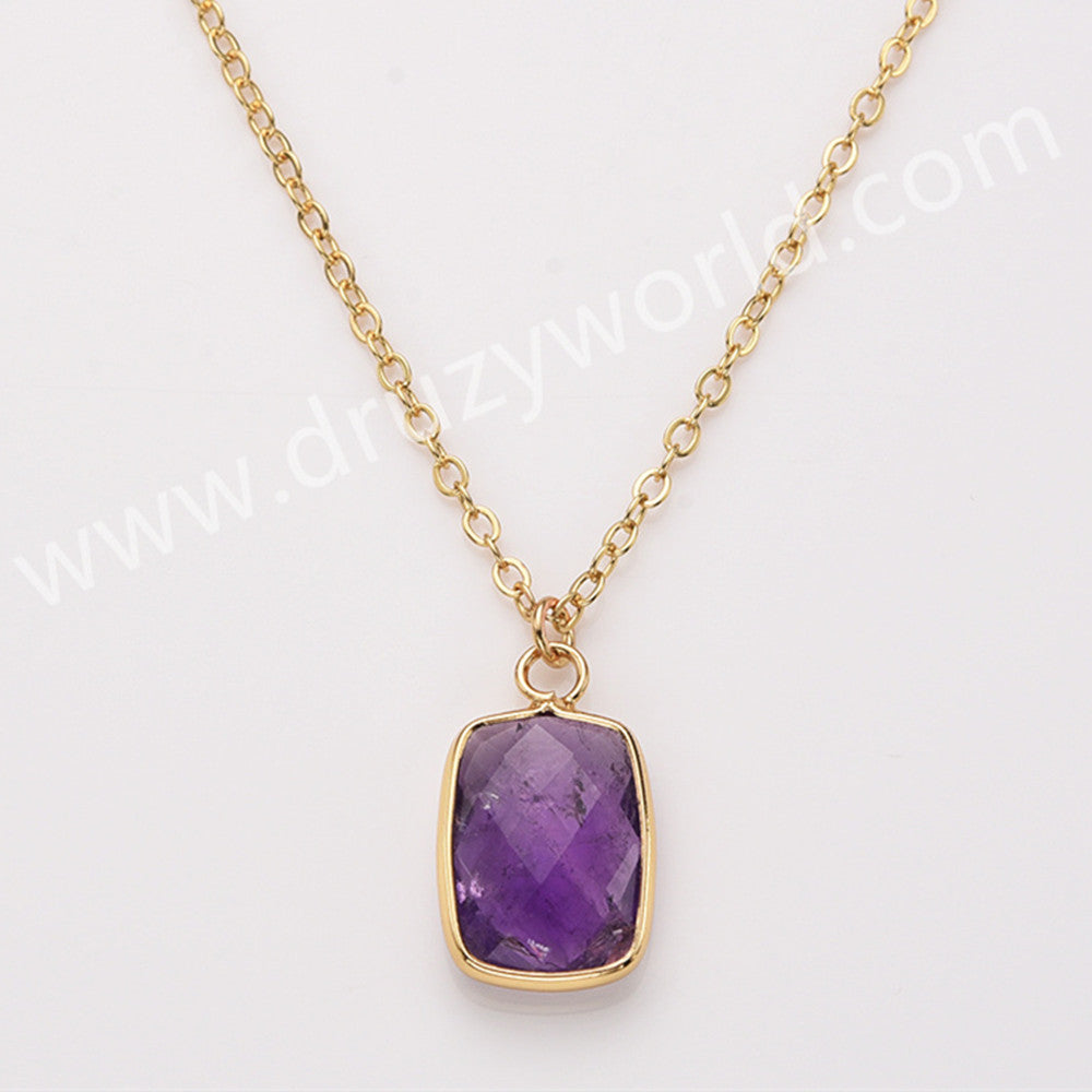 18" Colorful Rectangle Gemstone Faceted Pendant Necklace, Gold Plated Rose Quartz Aquamarine Jewelry Necklace ZG0530-8