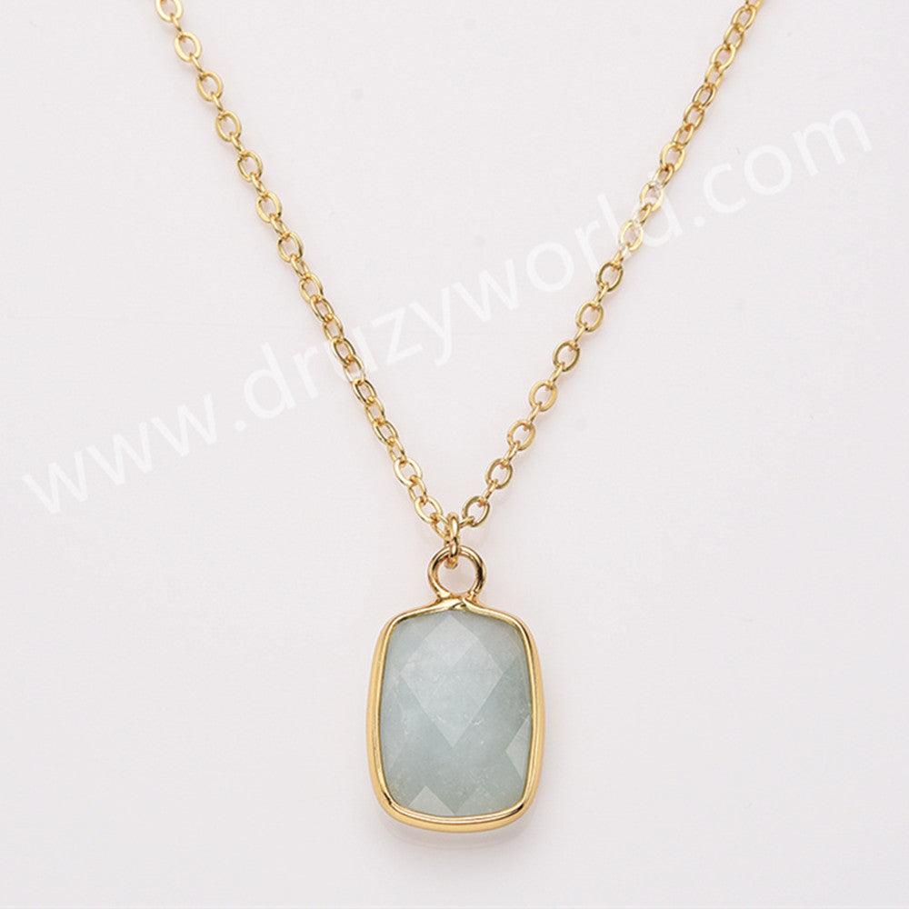 18" Colorful Rectangle Gemstone Faceted Pendant Necklace, Gold Plated Rose Quartz Aquamarine Jewelry Necklace ZG0530-8