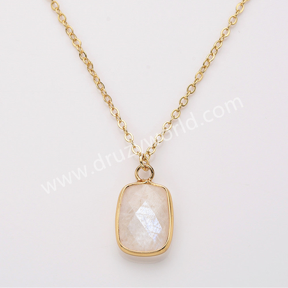 18" Colorful Rectangle Gemstone Faceted Pendant Necklace, Gold Plated Rose Quartz Aquamarine Jewelry Necklace ZG0530-8