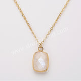 18" Colorful Rectangle Gemstone Faceted Pendant Necklace, Gold Plated Rose Quartz Aquamarine Jewelry Necklace ZG0530-8