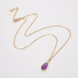 18" Small Long Teardop Gold Gemstone Faceted Pendant Necklace, Real Amethyst Rose Quartz Boho Jewelry Necklace ZG0530-9