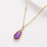 18" Small Long Teardop Gold Gemstone Faceted Pendant Necklace, Real Amethyst Rose Quartz Boho Jewelry Necklace ZG0530-9