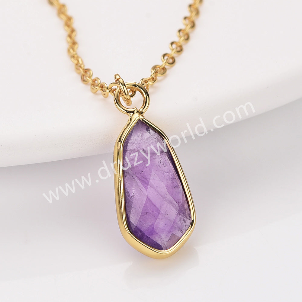 18" Long Drop Gold Gemstone Faceted Pendant Necklace, Real Amethyst Rose Quartz Boho Jewelry Necklace ZG0530-9