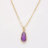 18" Small Long Teardop Gold Gemstone Faceted Pendant Necklace, Real Amethyst Rose Quartz Boho Jewelry Necklace ZG0530-9