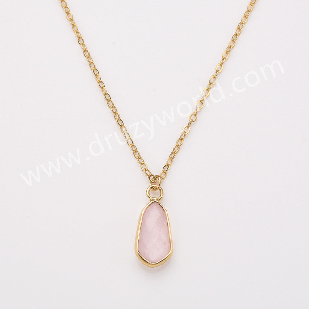 18" Small Long Teardop Gold Gemstone Faceted Pendant Necklace, Real Amethyst Rose Quartz Boho Jewelry Necklace ZG0530-9