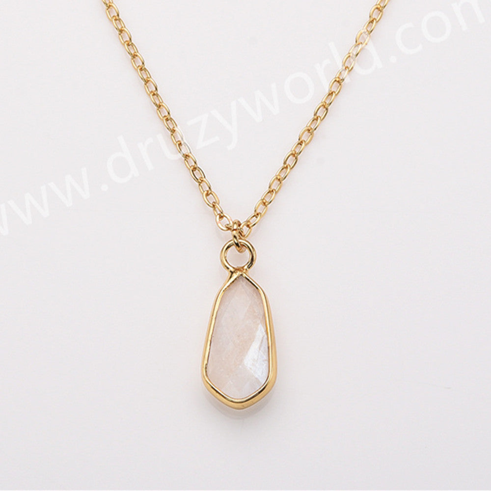 18" Small Long Teardop Gold Gemstone Faceted Pendant Necklace, Real Amethyst Rose Quartz Boho Jewelry Necklace ZG0530-9