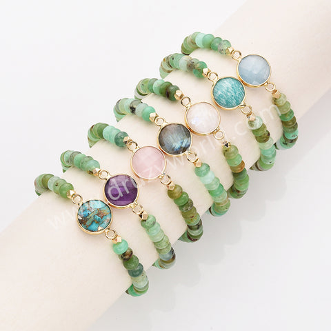 Gold Plated Round Natural Stone & Chrysoprase Beads Bracelet, Handmade Gemstone Jewelry Bracelet ZG0531-10