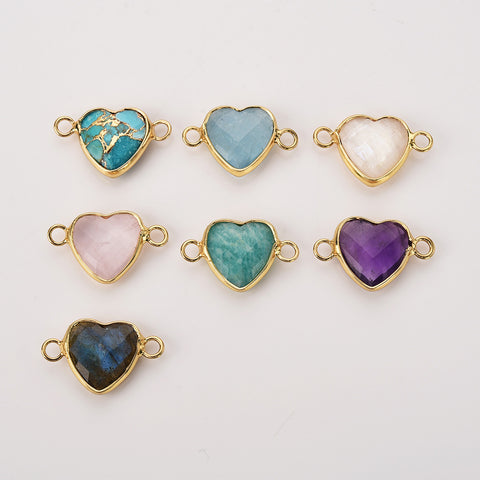 Heartz Natural Gemstone Gold Bezel Connectors, Faceted Crystal Heart Connectors ZG0531-3-C