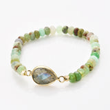 Teardrop Gold Natural Crystal Stone Stretch Bracelet, Chrysoprase Beaded Bracelet ZG0531-4