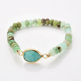 Teardrop Gold Natural Crystal Stone Stretch Bracelet, Chrysoprase Beaded Bracelet ZG0531-4