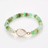 Teardrop Gold Natural Crystal Stone Stretch Bracelet, Chrysoprase Beaded Bracelet ZG0531-4